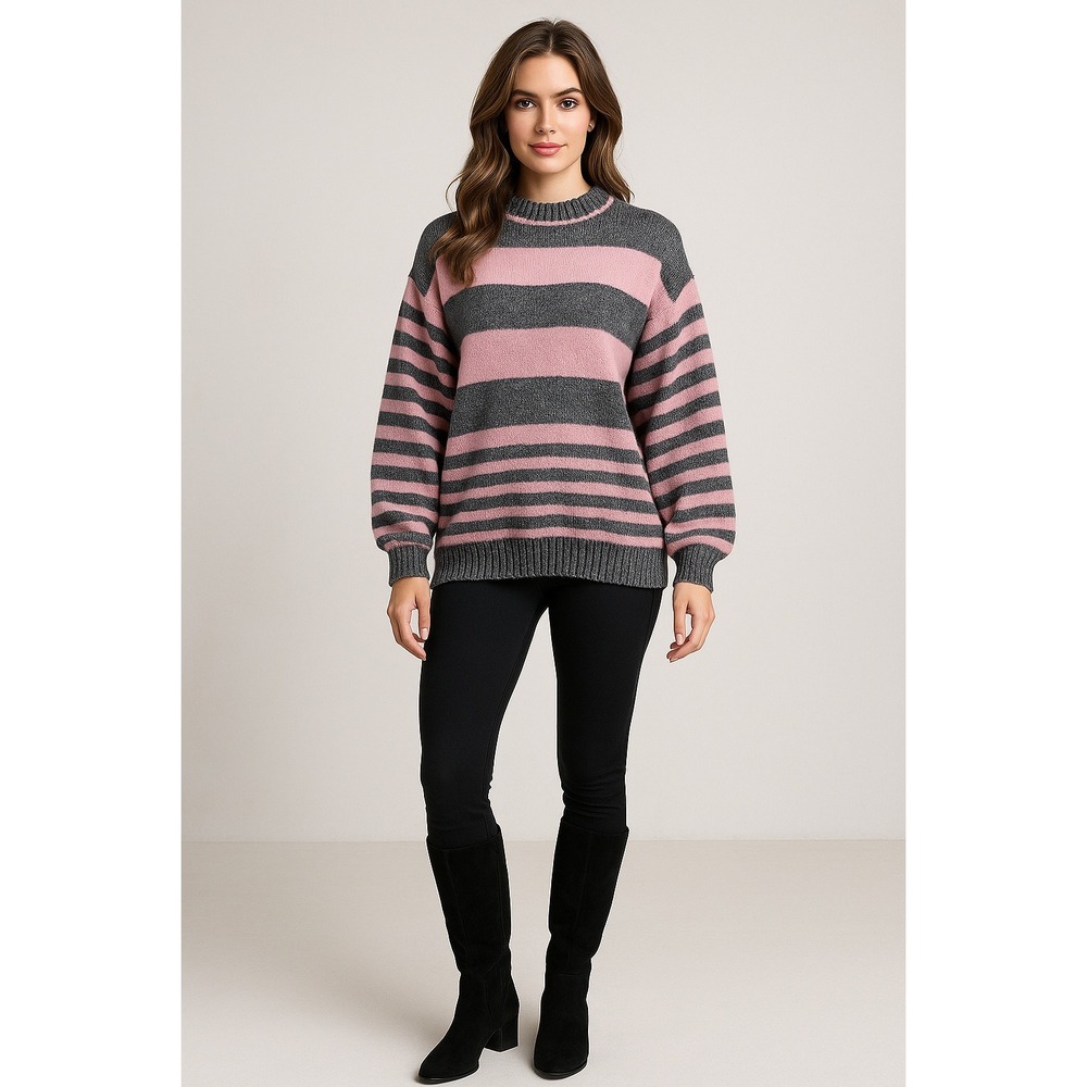 Nan Dorsey Sweater Women L Pink Gray Striped Cable Knit Classic Cozy 80s Vintage